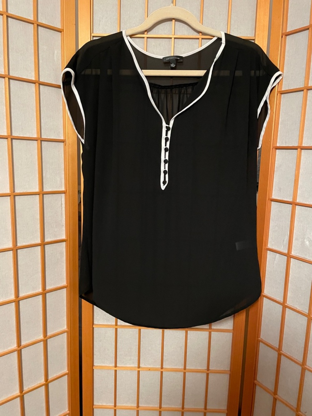 SPENSE Sheer Black Blouse White Trim Button detail Size L. Women’s sheer Top